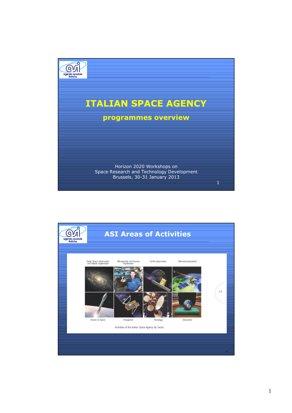 ITALIAN SPACE AGENCY Programmes Overview