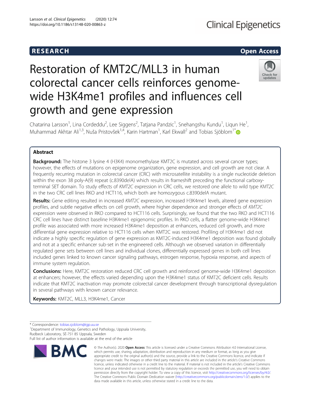 Restoration of KMT2C/MLL3 in Human Colorectal Cancer Cells Reinforces Genome-Wide H3k4me1 Profiles and Influences Cell Growth An