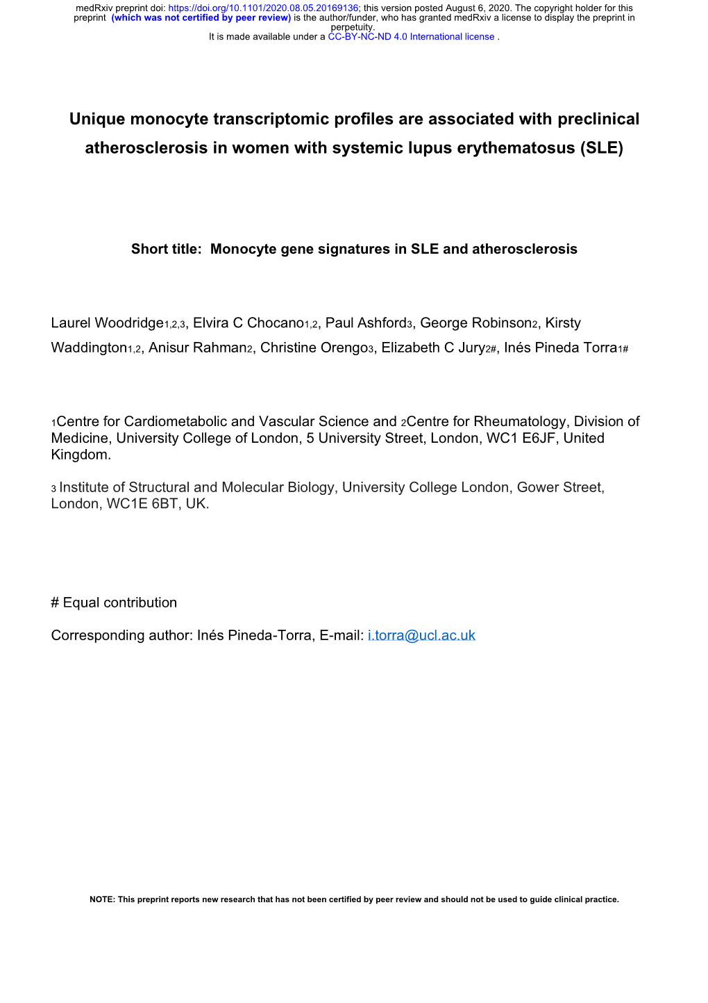 Unique Monocyte Transcriptomic Profiles Are Associated with Preclinical Atherosclerosis in Women with Systemic Lupus Erythematosus (SLE)