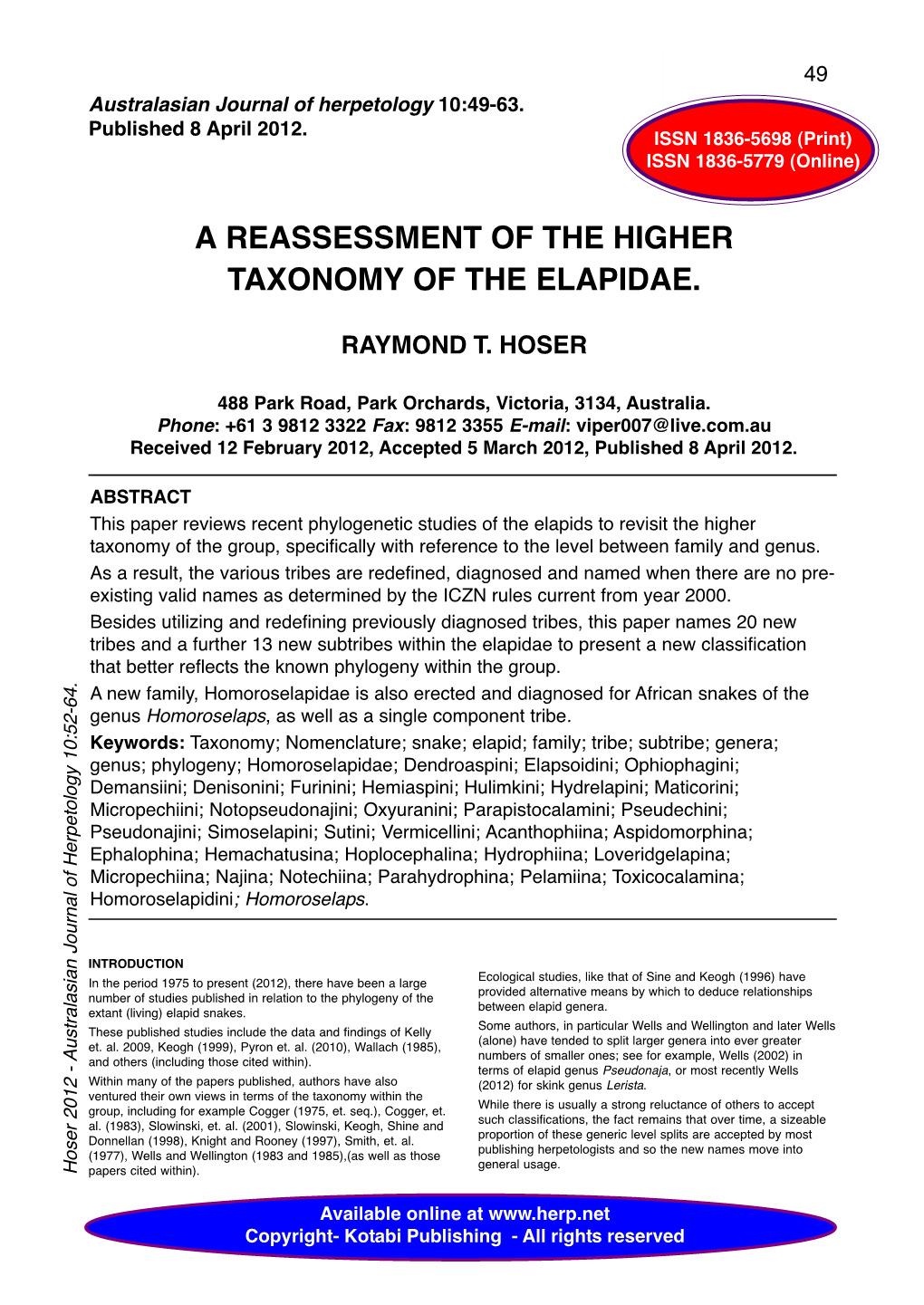 A Reassessment of the Higher Taxonomy of the Elapidae