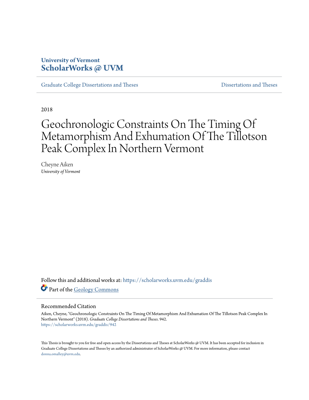 Geochronologic Constraints on the Timing of Metamorphism and Exhumation of the Tillotson Peak Complex in Northern Vermont
