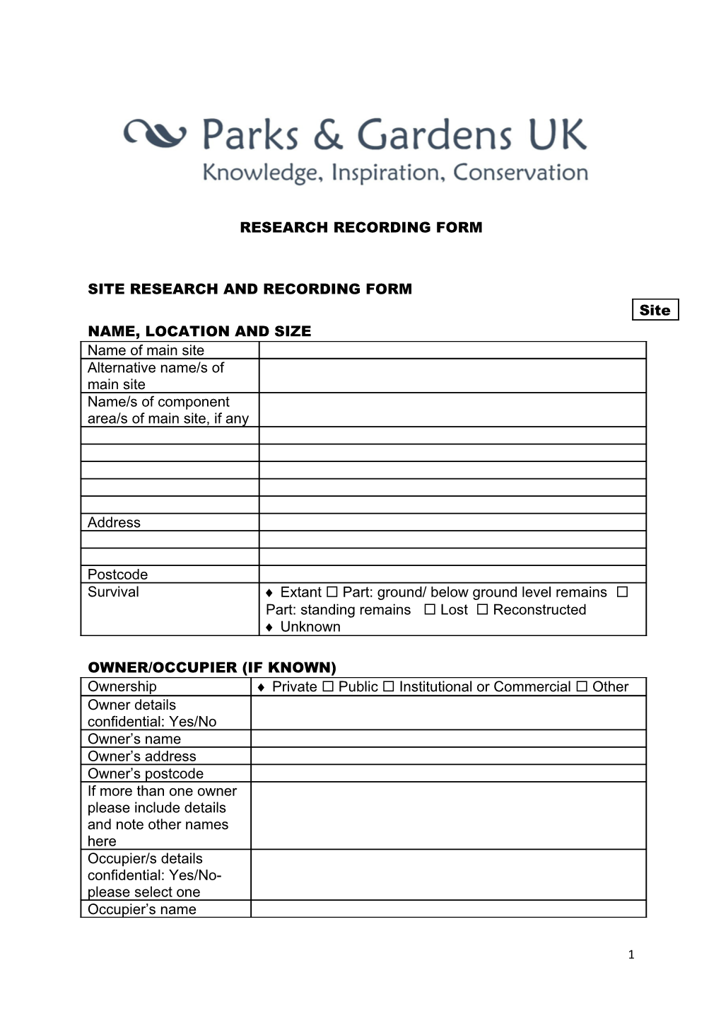 Site Research and Recording Form