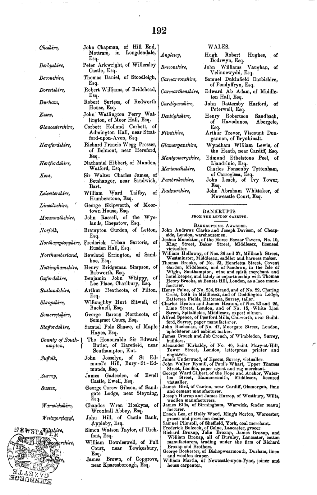 Cheshire, Derbyshire, Devonshire, Dorsetshire