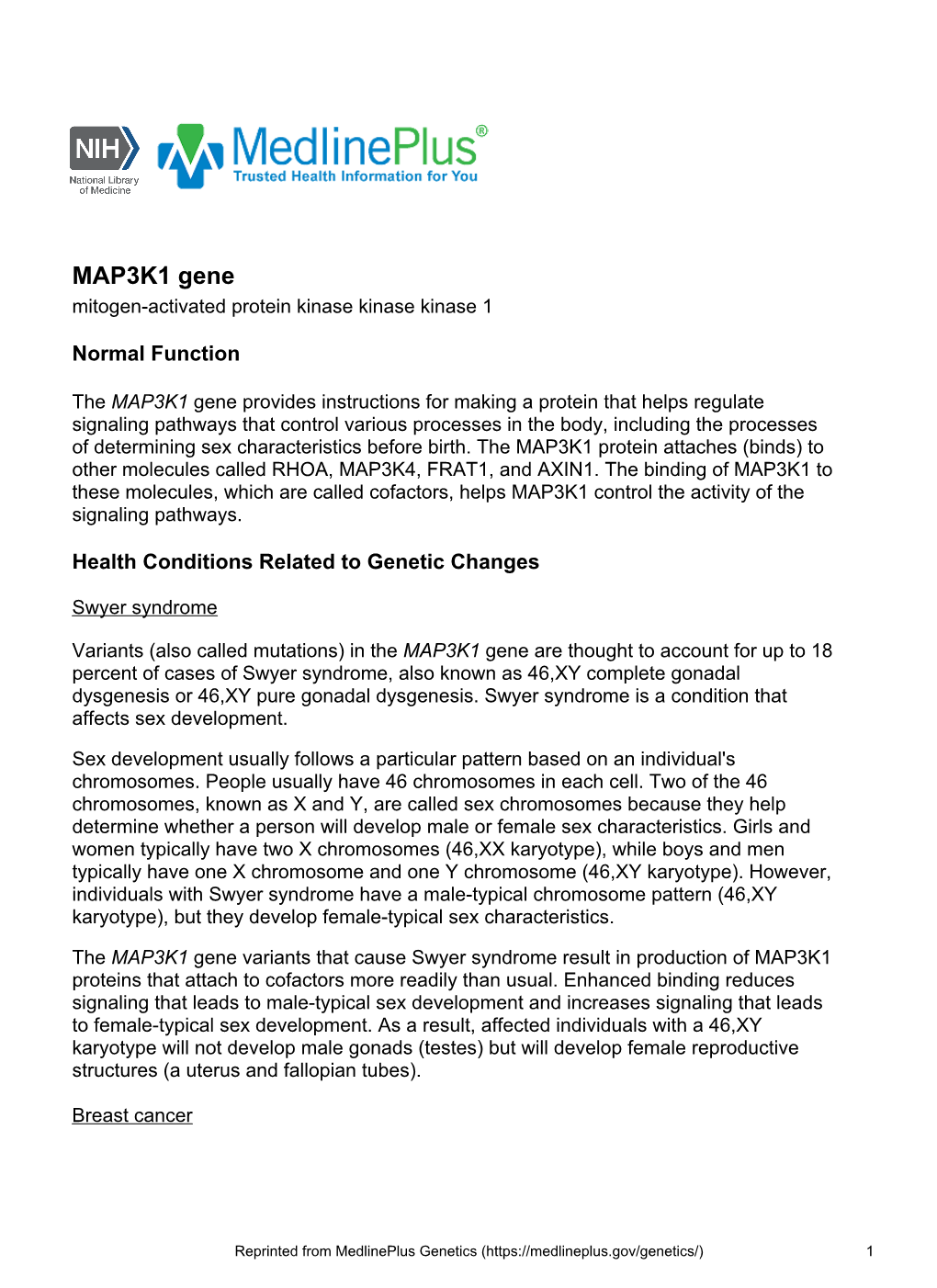 MAP3K1 Gene Mitogen-Activated Protein Kinase Kinase Kinase 1