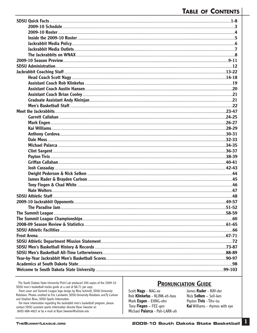 2009-10 South Dakota State Basketball Media Guide