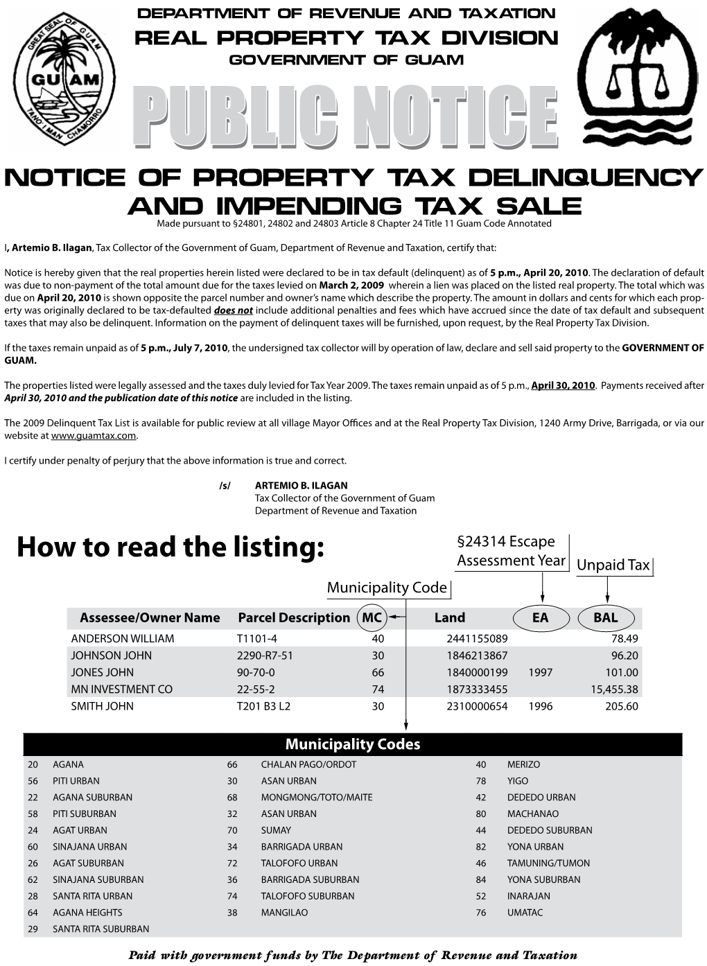 How to Read the Listing: §24314 Escape Assessment Year Unpaid Tax Municipality Code