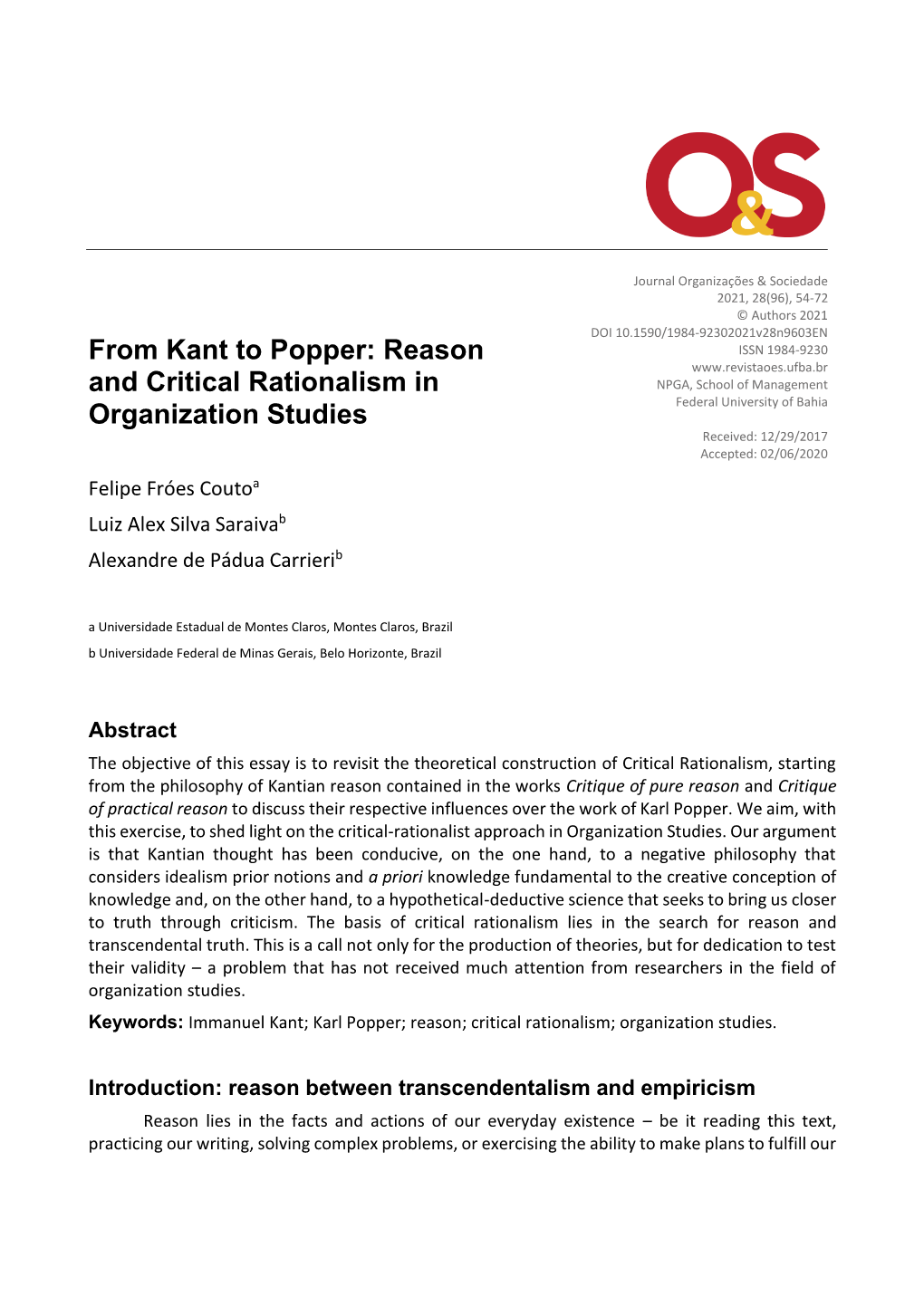 From Kant to Popper: Reason and Critical Rationalism in Organization