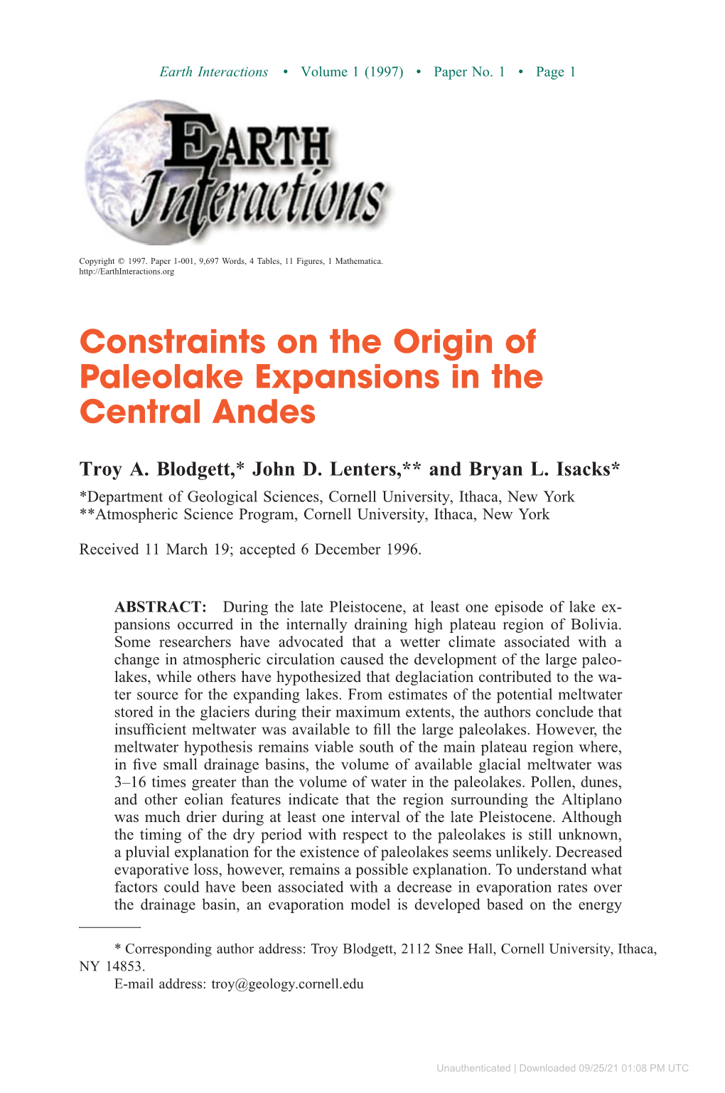 Constraints on the Origin of Paleolake Expansions in the Central Andes