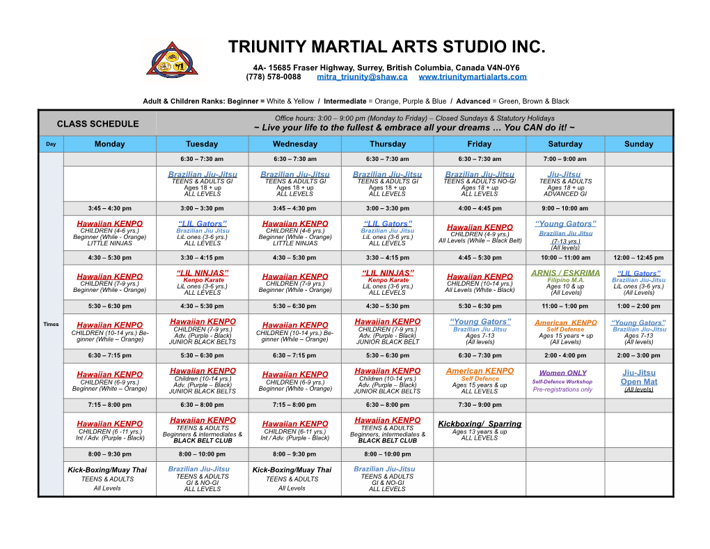 Triunity Class Schedule 2019 the ONE-2