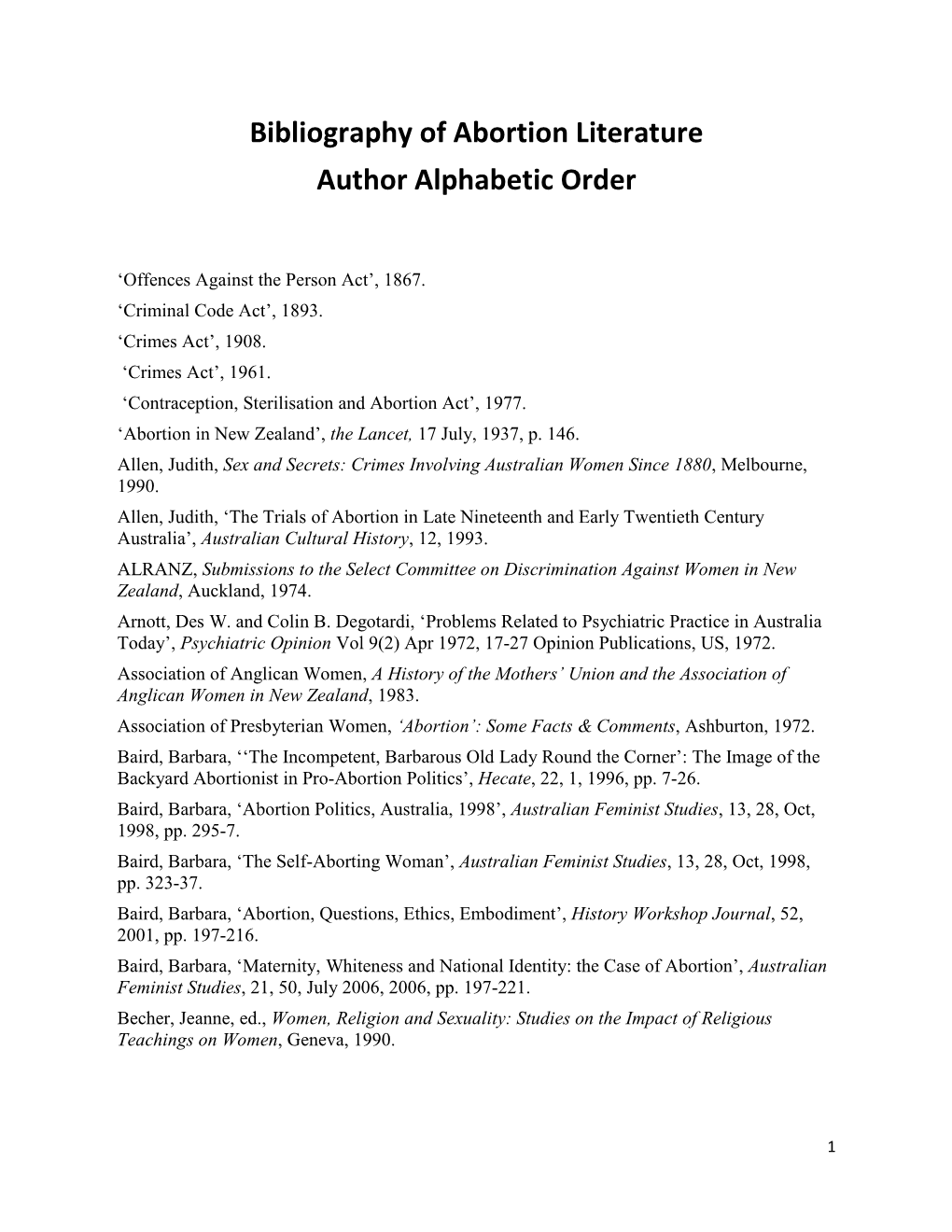 Bibliography of Abortion Literature Author Alphabetic Order