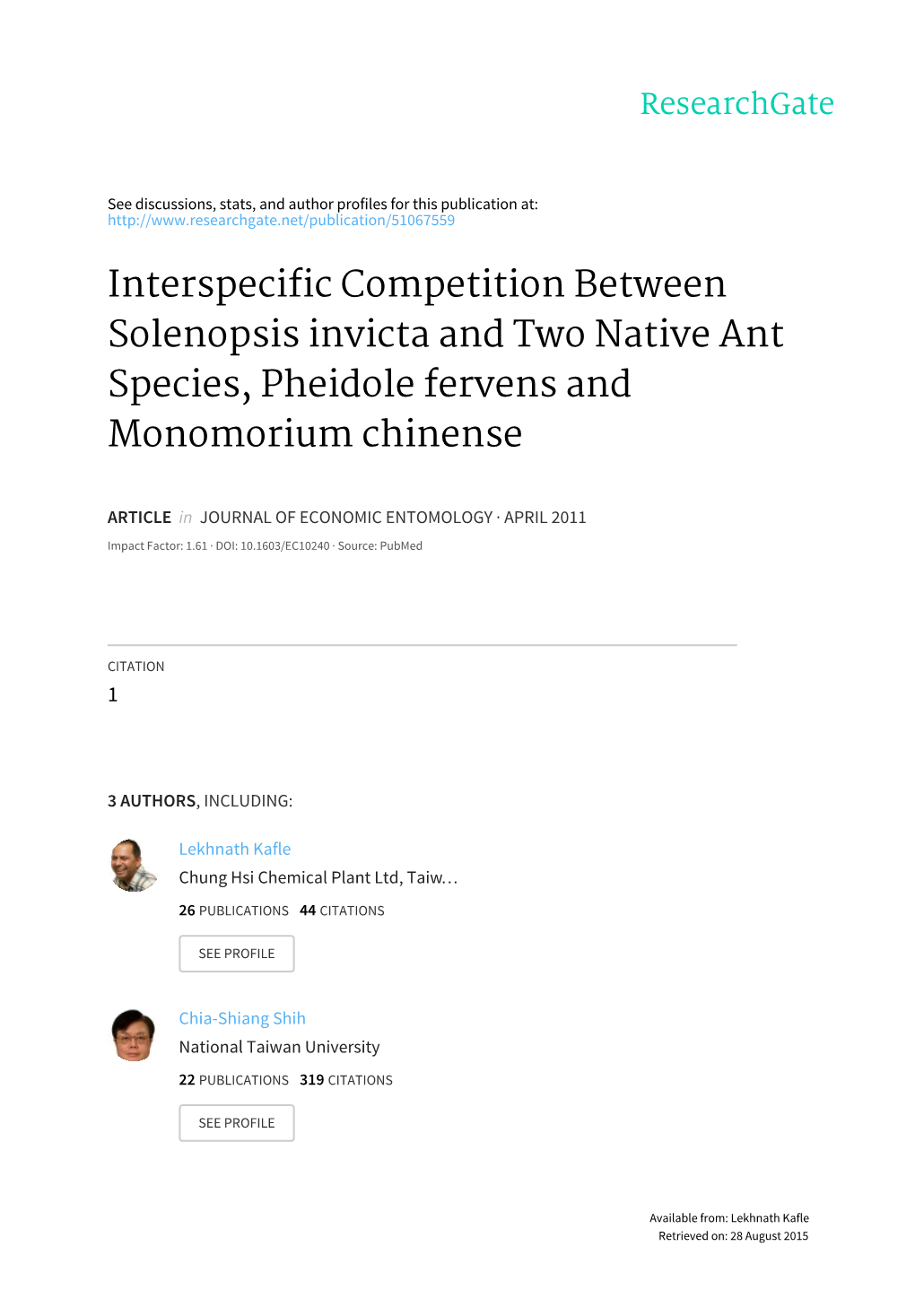 Interspecific Competition Between Solenopsis Invicta and Two Native Ant Species, Pheidole Fervens and Monomorium Chinense