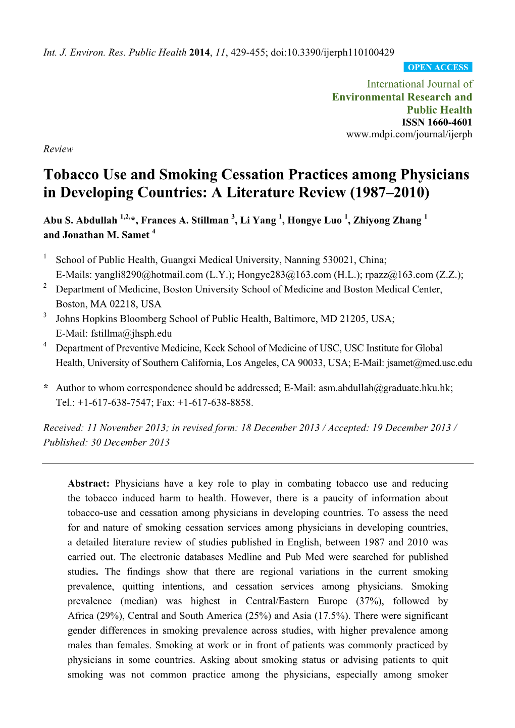 Tobacco Use and Smoking Cessation Practices Among Physicians in Developing Countries: a Literature Review (1987–2010)