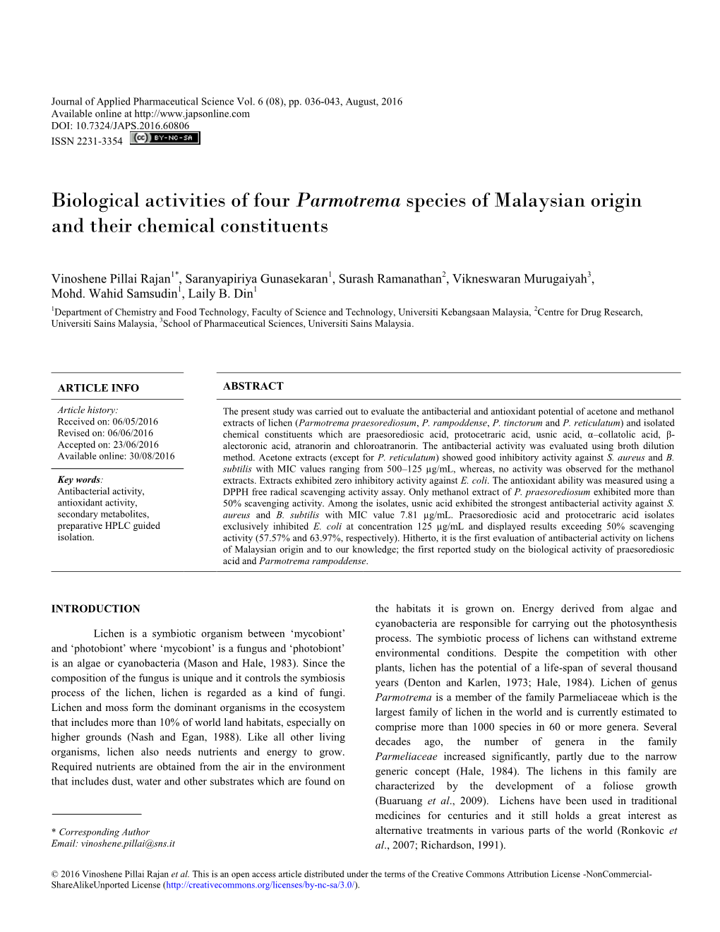 Parmotrema Species of Malaysian Origin and Their Chemical Constituents