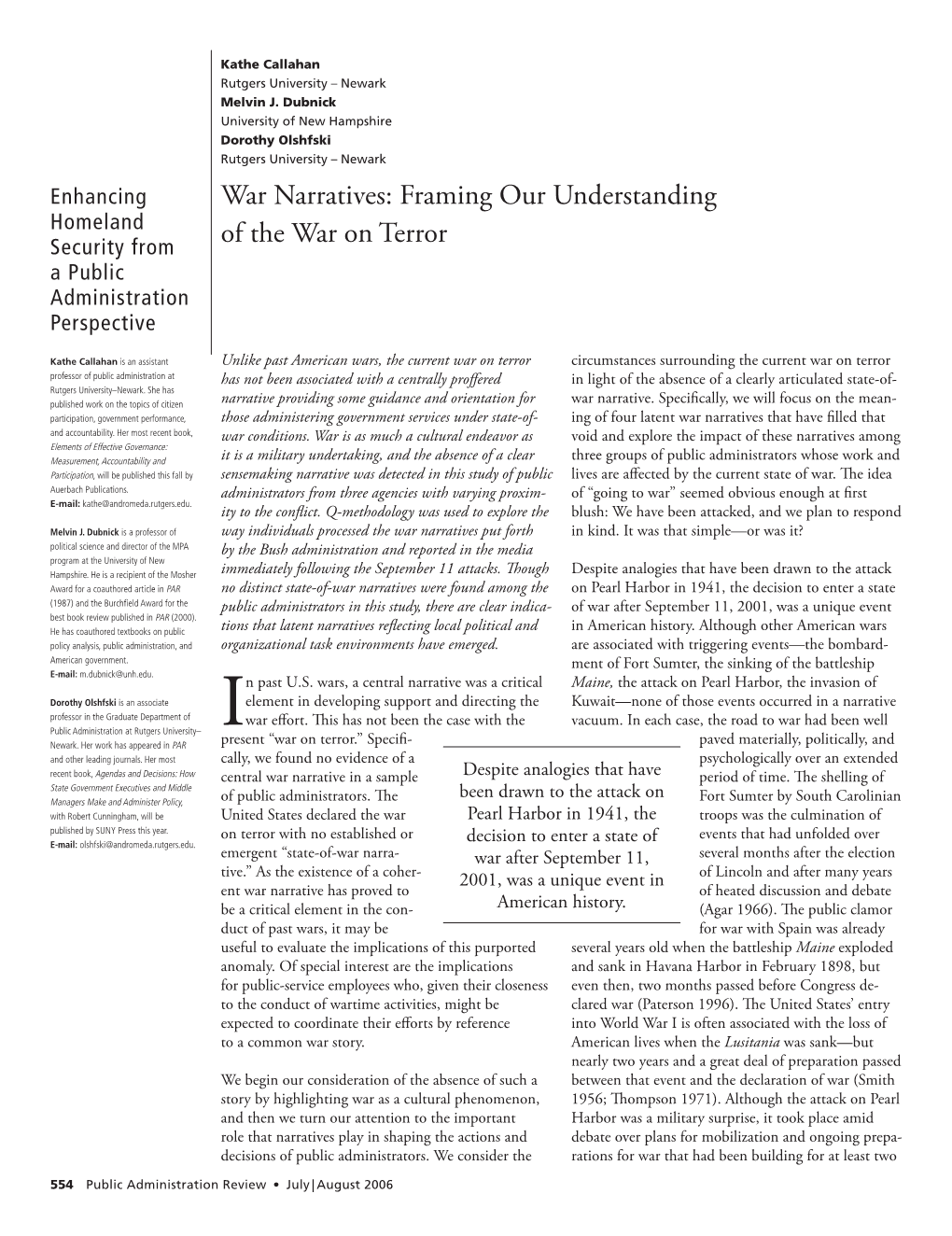 War Narratives: Framing Our Understanding Homeland Security from of the War on Terror a Public Administration Perspective