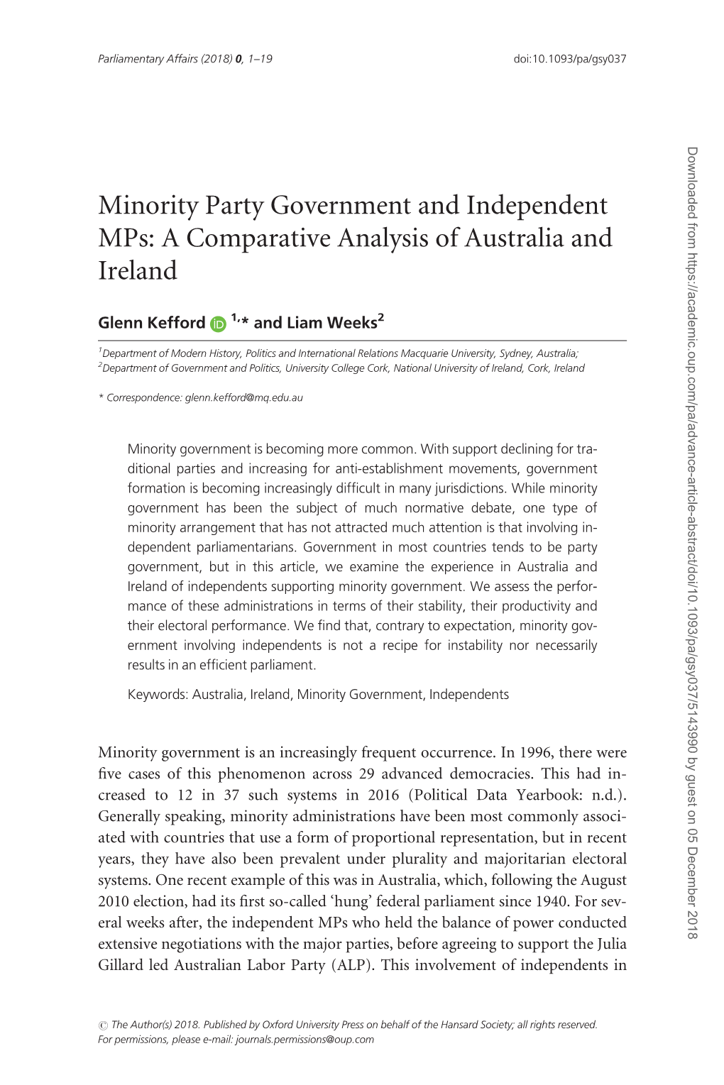 Minority Party Government and Independent Mps: a Comparative Analysis of Australia and Ireland