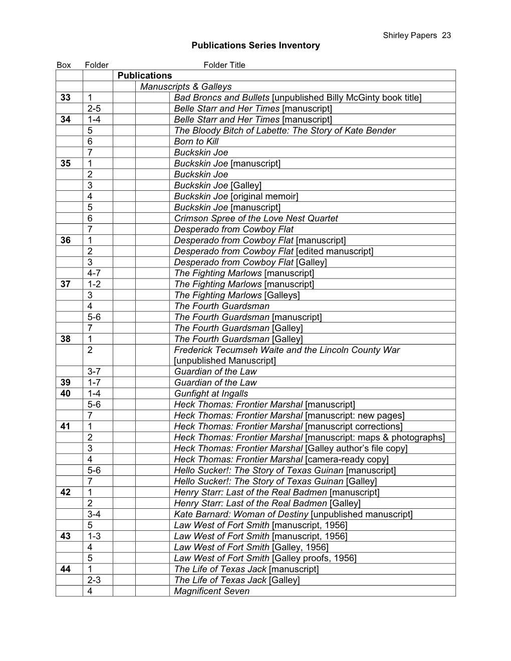 Publications Series Inventory Publications Manuscripts & Galleys 33 1 Bad Broncs and Bullets [Unpublished Billy Mcginty Book