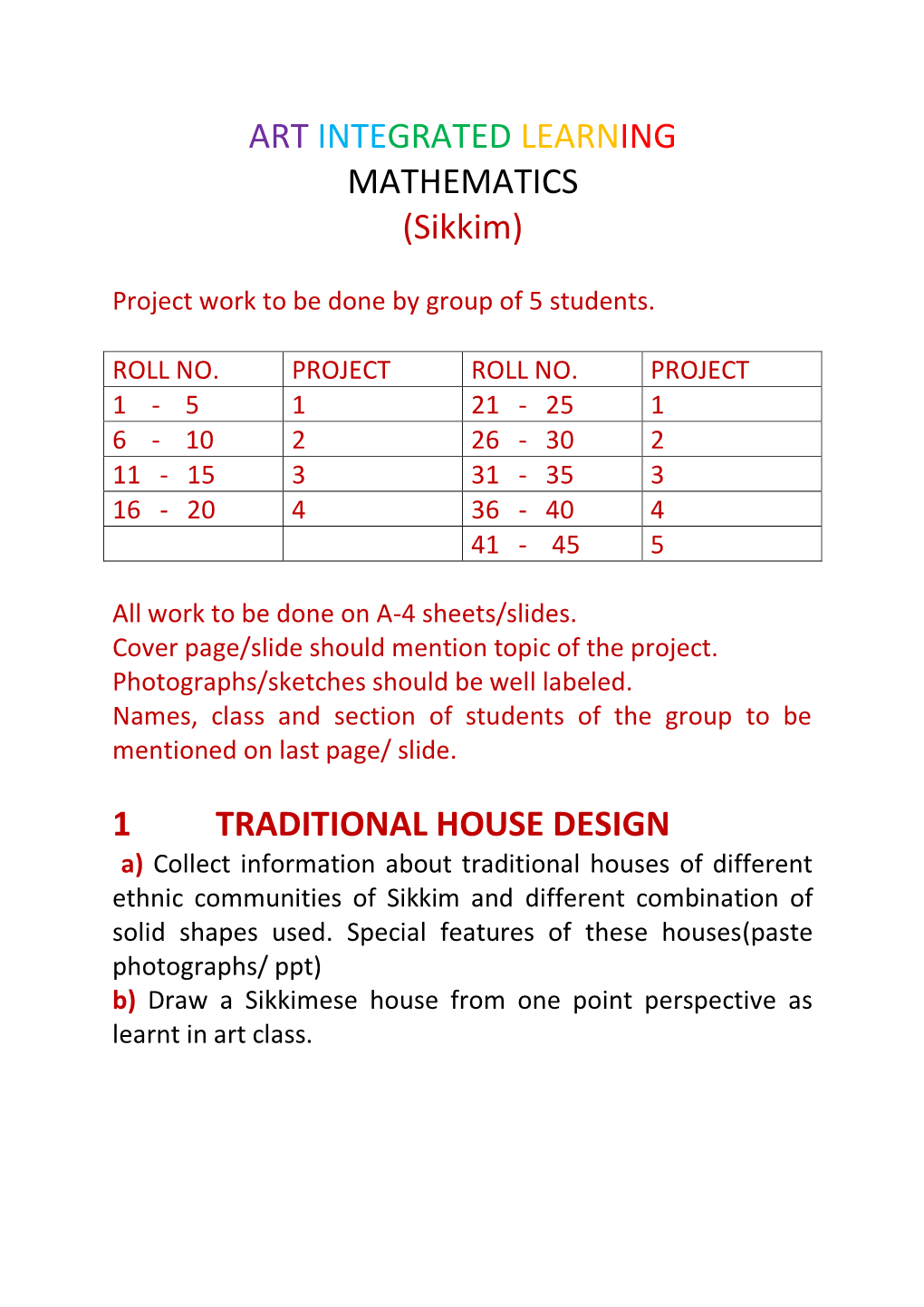 ART INTEGRATED LEARNING MATHEMATICS (Sikkim) 1 TRADITIONAL HOUSE DESIGN