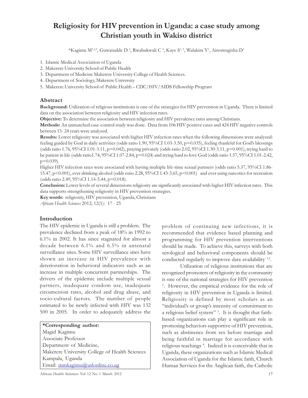 Religiosity for HIV Prevention in Uganda: a Case Study Among Christian Youth in Wakiso District