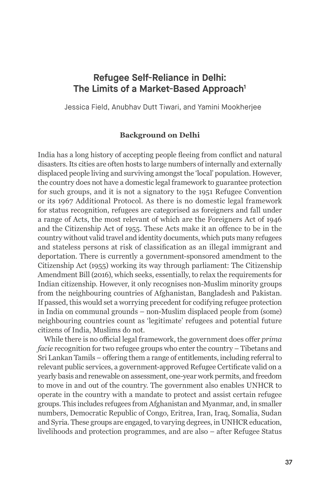 Refugee Self-Reliance in Delhi: the Limits of a Market-Based Approach1
