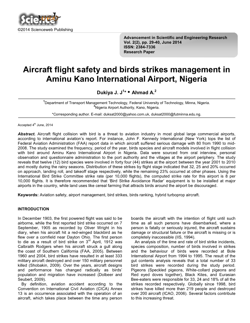 Aircraft Flight Safety and Birds Strikes Management in Aminu Kano International Airport, Nigeria