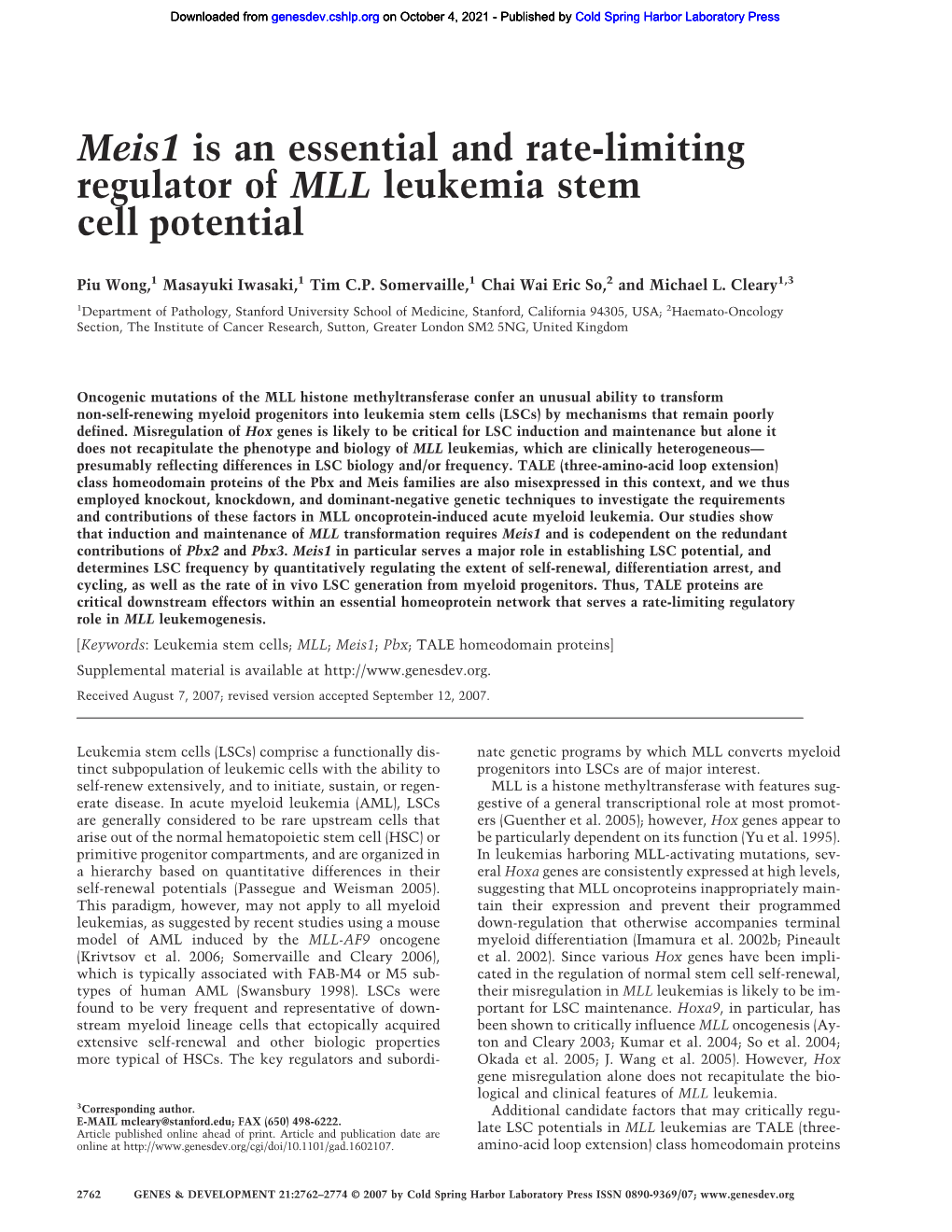 Meis1 Is an Essential and Rate-Limiting Regulator of MLL Leukemia Stem Cell Potential