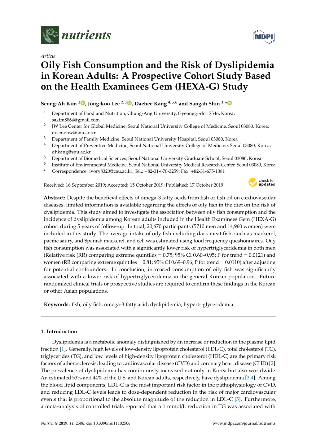 Oily Fish Consumption and the Risk of Dyslipidemia in Korean Adults: a Prospective Cohort Study Based on the Health Examinees Gem (HEXA-G) Study