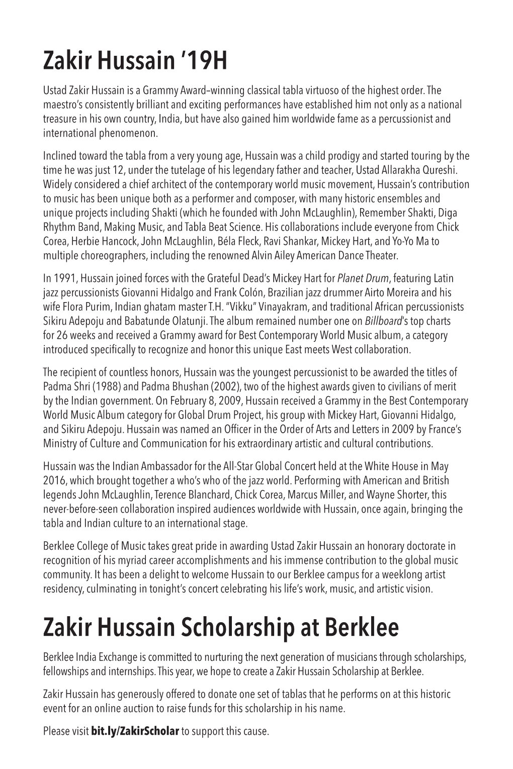 Zakir Hussain Scholarship at Berklee