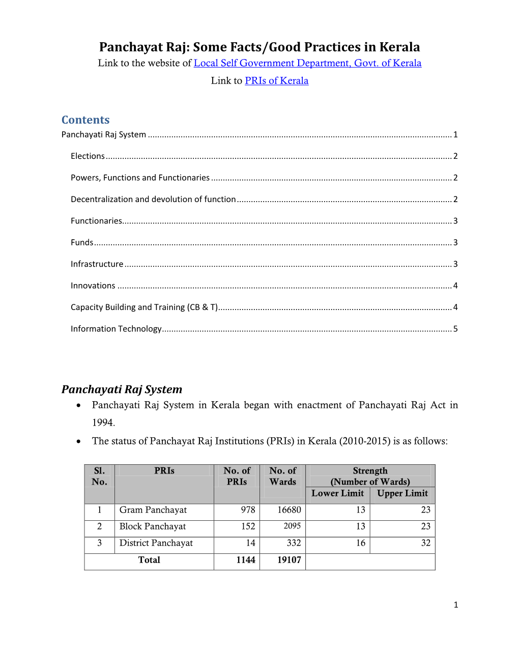 Panchayat Raj: Some Facts/Good Practices in Kerala Link to the Website of Local Self Government Department, Govt