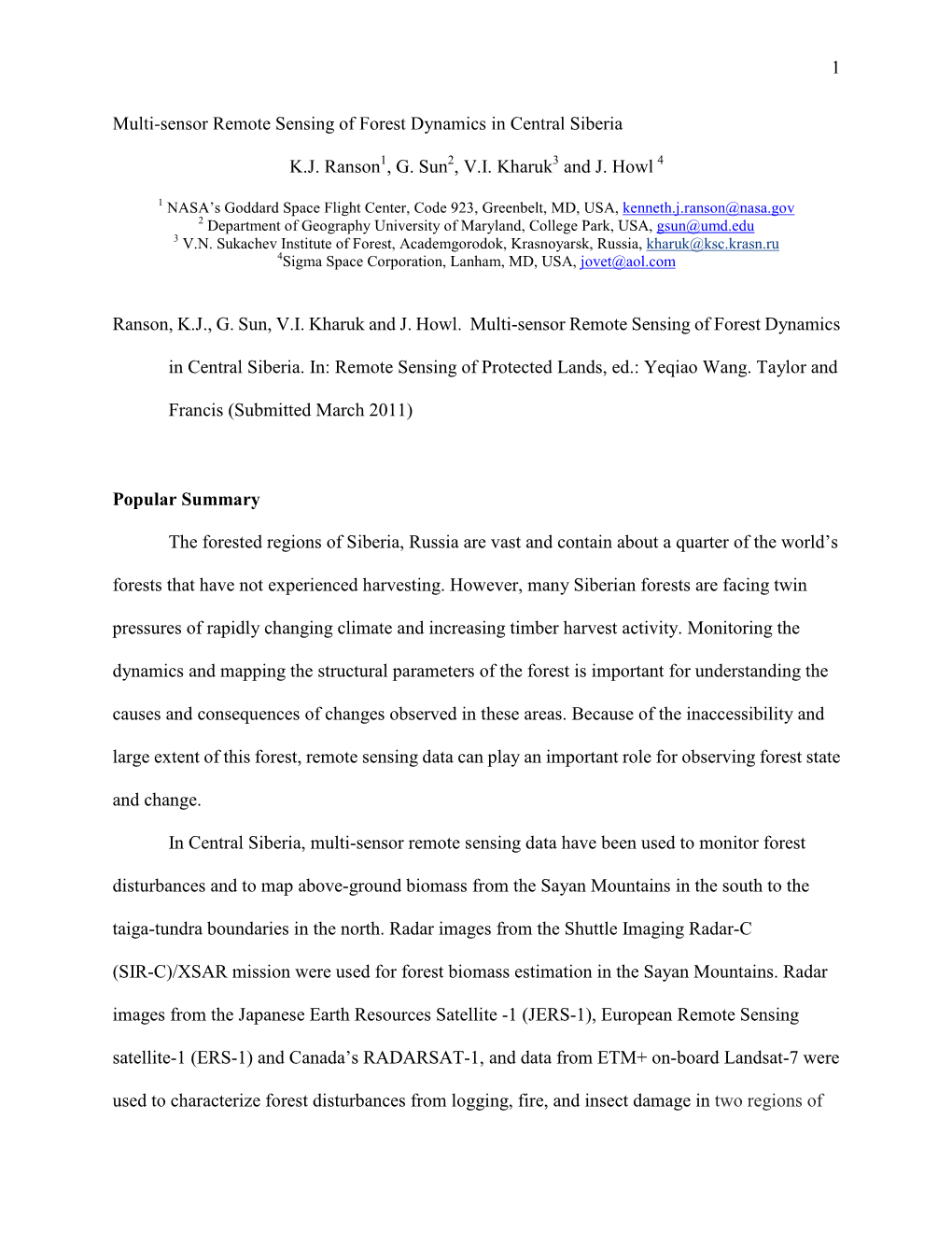 1 Multi-Sensor Remote Sensing of Forest Dynamics in Central Siberia