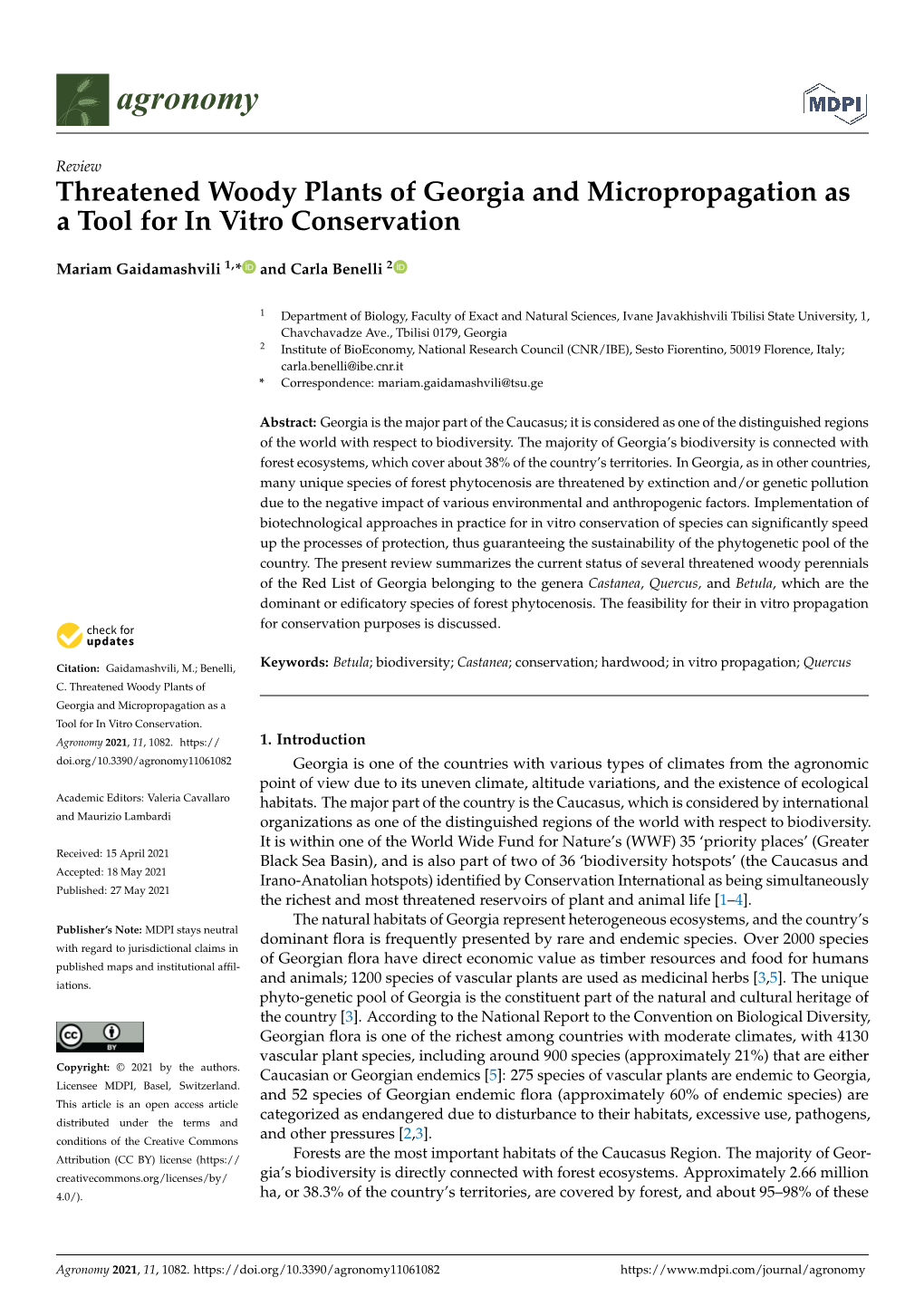 Threatened Woody Plants of Georgia and Micropropagation As a Tool for in Vitro Conservation