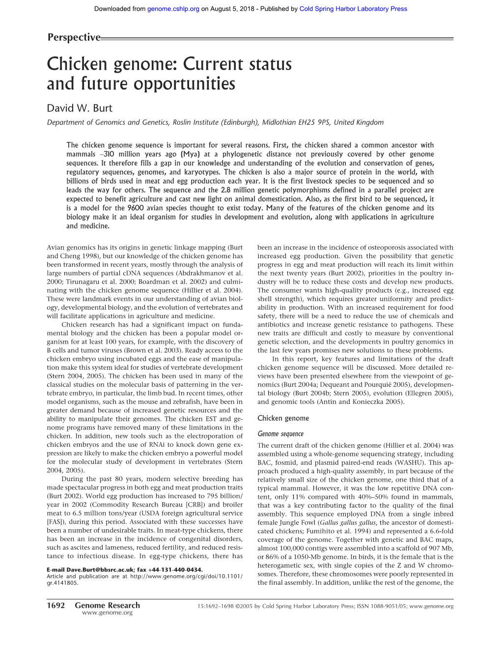 Chicken Genome: Current Status and Future Opportunities