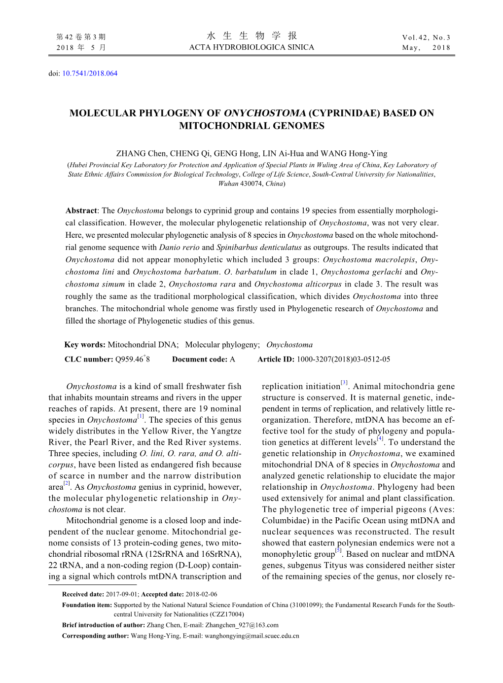 Molecular Phylogeny of Onychostoma (Cyprinidae) Based on Mitochondrial Genomes