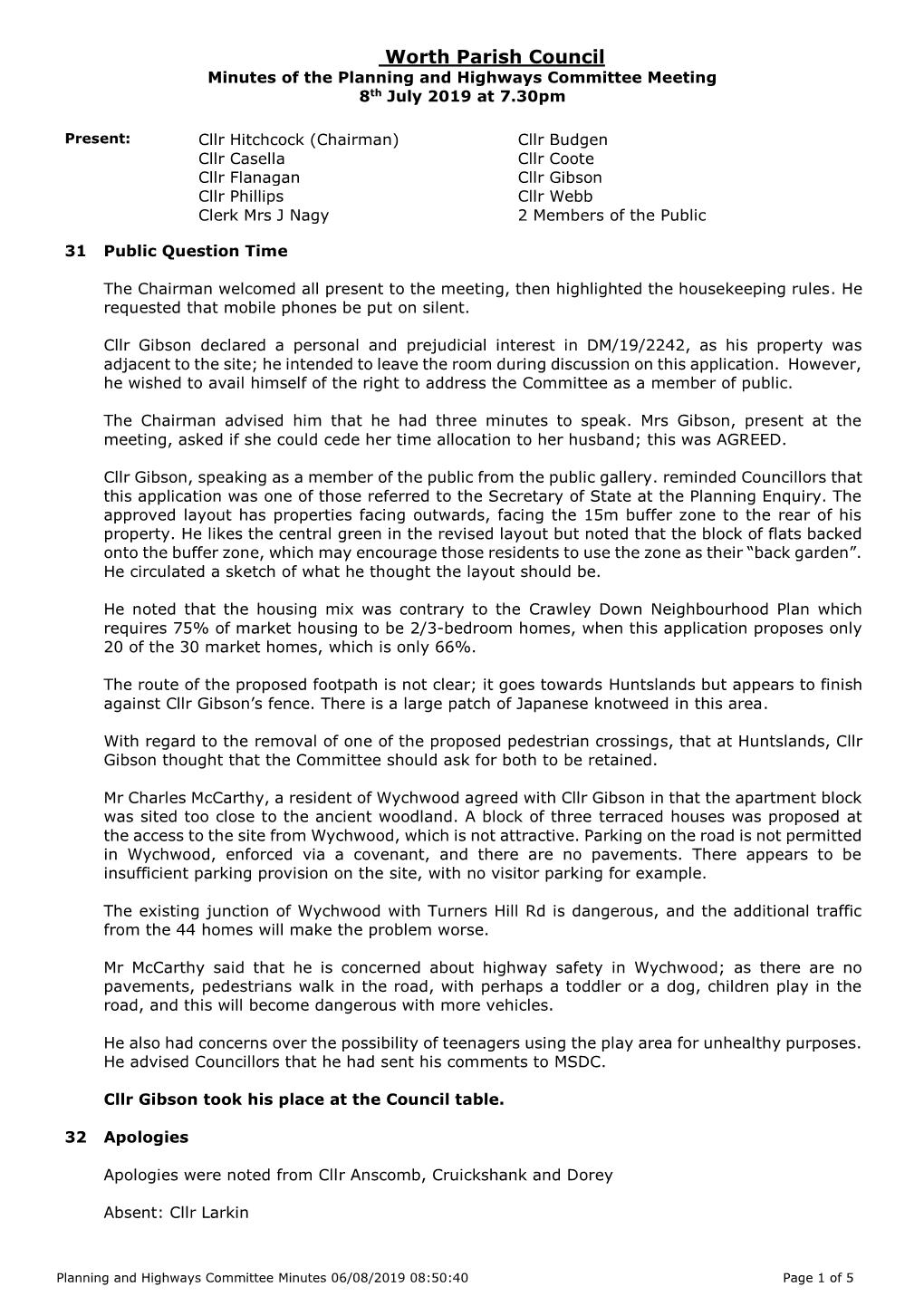 Worth Parish Council Minutes of the Planning and Highways Committee Meeting 8Th July 2019 at 7.30Pm