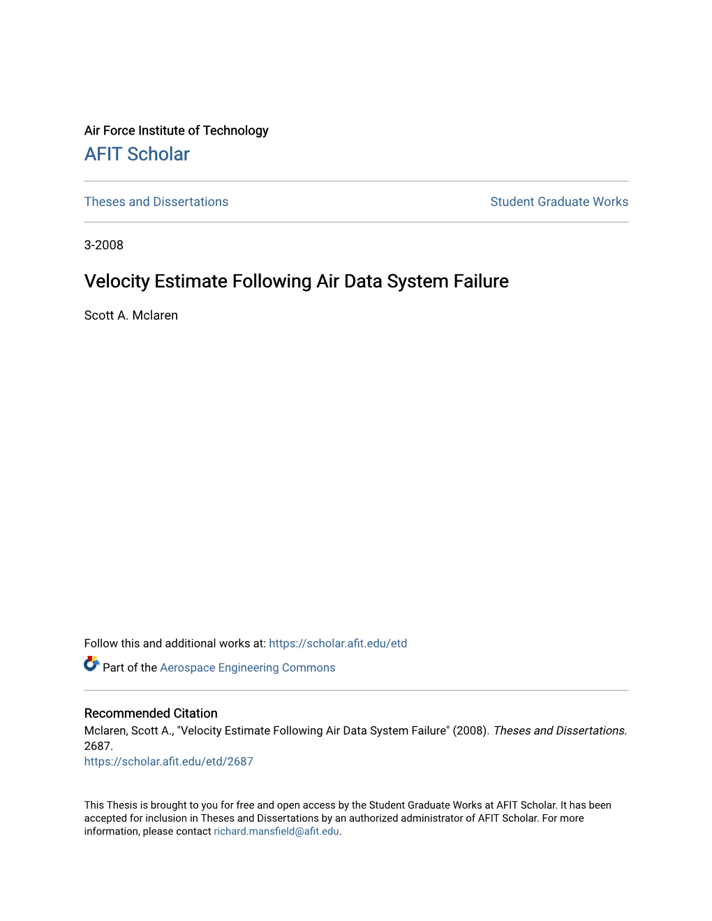 Velocity Estimate Following Air Data System Failure