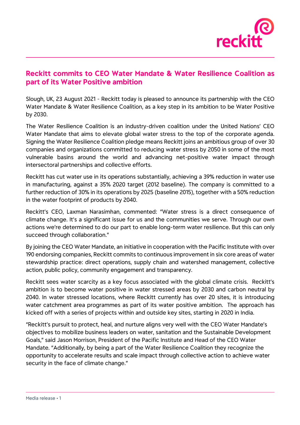 Reckitt Commits to CEO Water Mandate & Water Resilience