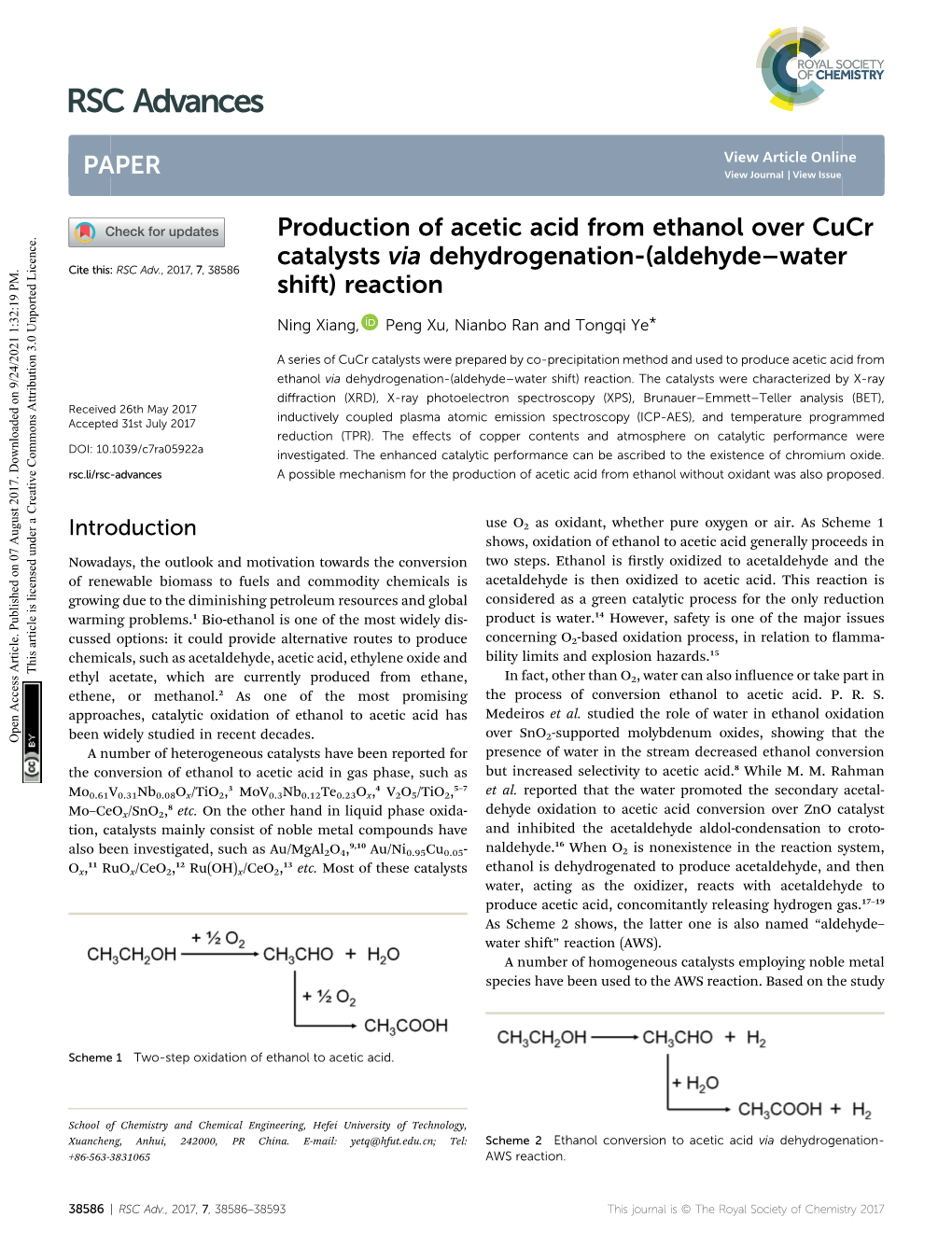 Production of Acetic Acid from Ethanol Over Cucr Catalysts Via Dehydrogenation-(Aldehyde–Water Cite This: RSC Adv.,2017,7, 38586 Shift) Reaction