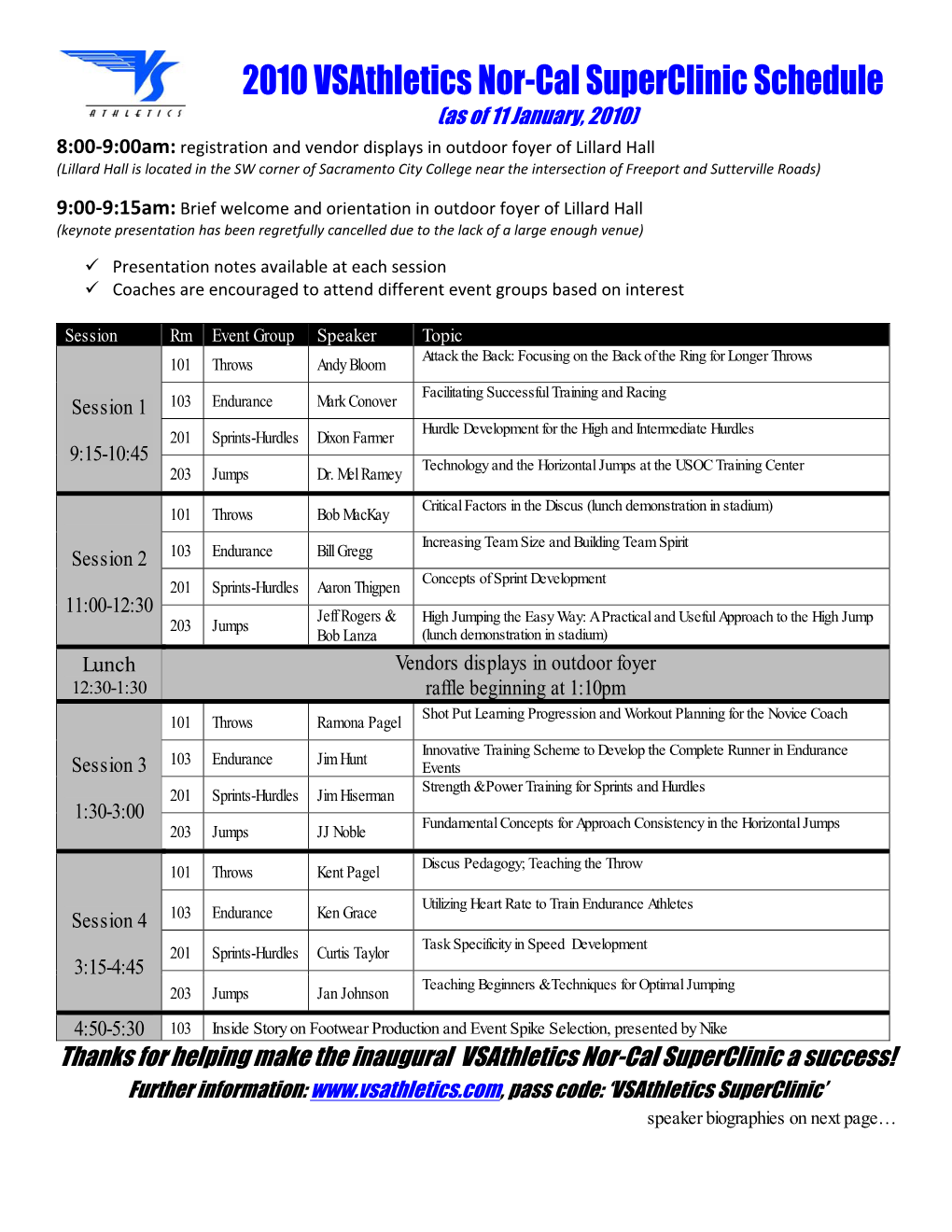 2010 Vsathletics Nor-Cal Superclinic Schedule (As of 11 January, 2010)