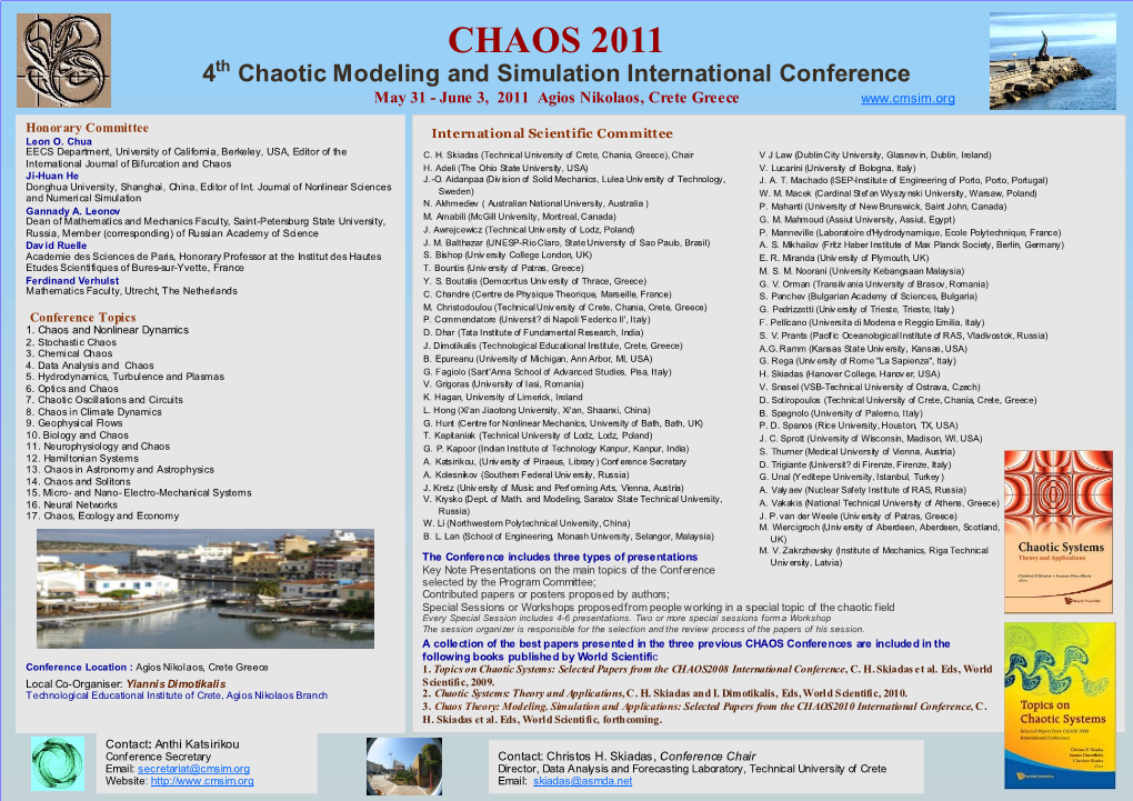 CHAOS 2011 4Th Chaotic Modeling and Simulation International Conference May 31 - June 3, 2011 Agios Nikolaos, Crete Greece