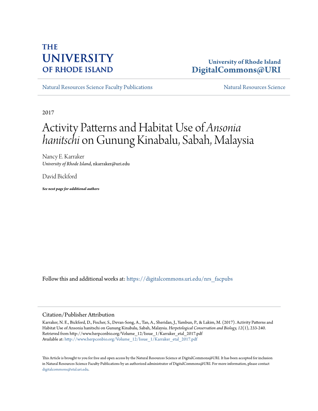 Activity Patterns and Habitat Use of Ansonia Hanitschi on Gunung Kinabalu, Sabah, Malaysia Nancy E