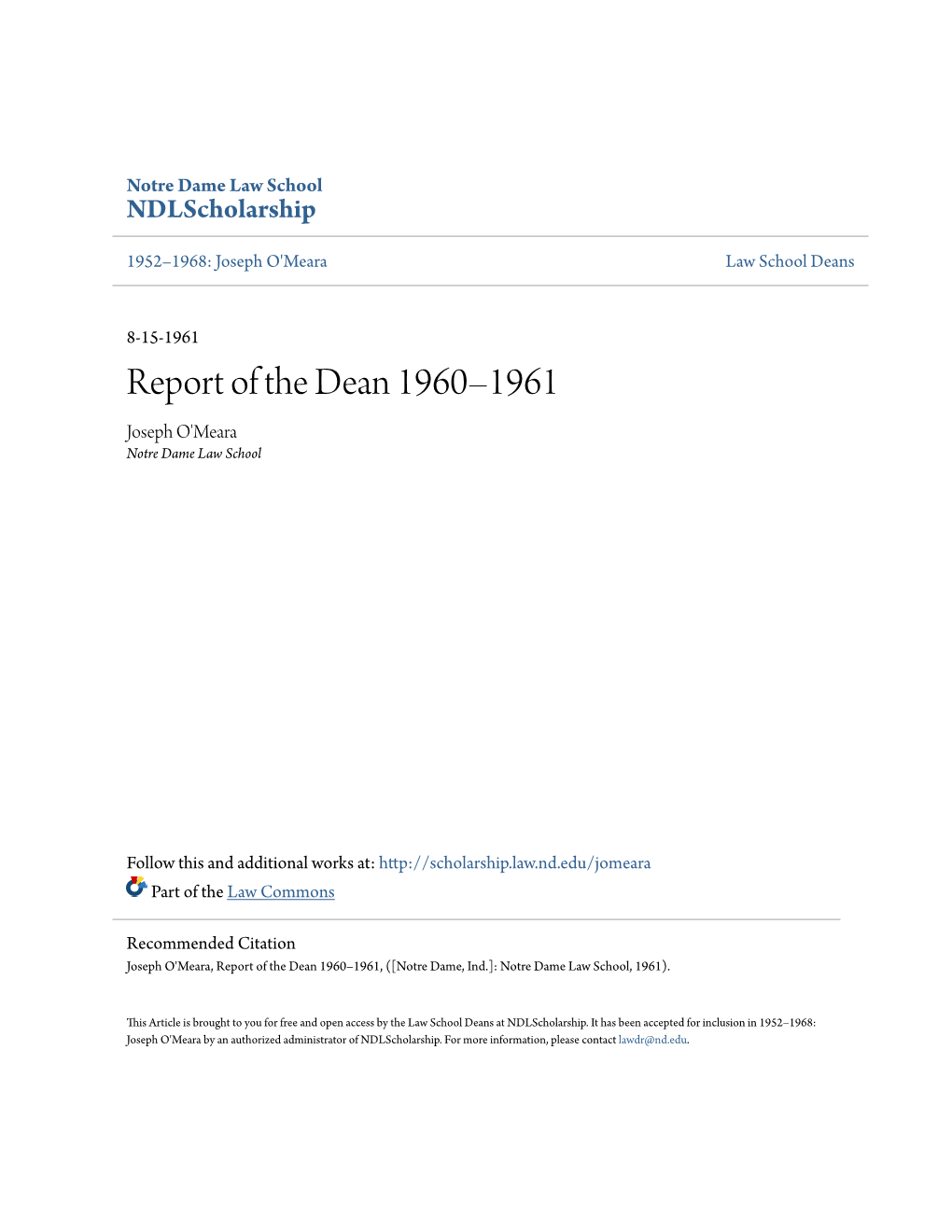 Report of the Dean 1960Â•ﬁ1961
