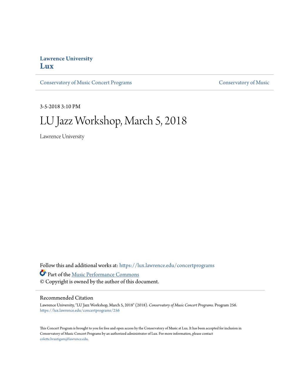 LU Jazz Workshop, March 5, 2018 Lawrence University