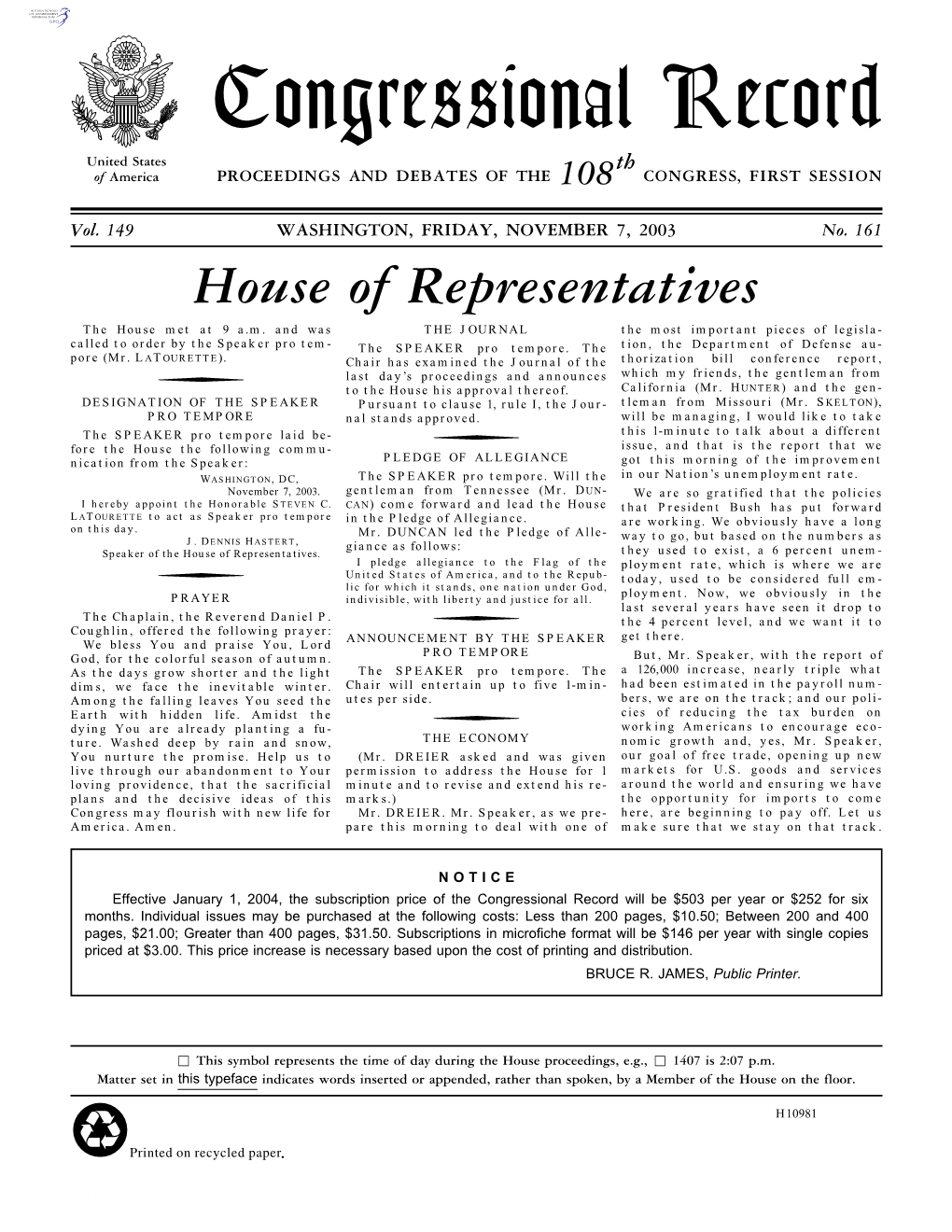 Congressional Record United States Th of America PROCEEDINGS and DEBATES of the 108 CONGRESS, FIRST SESSION