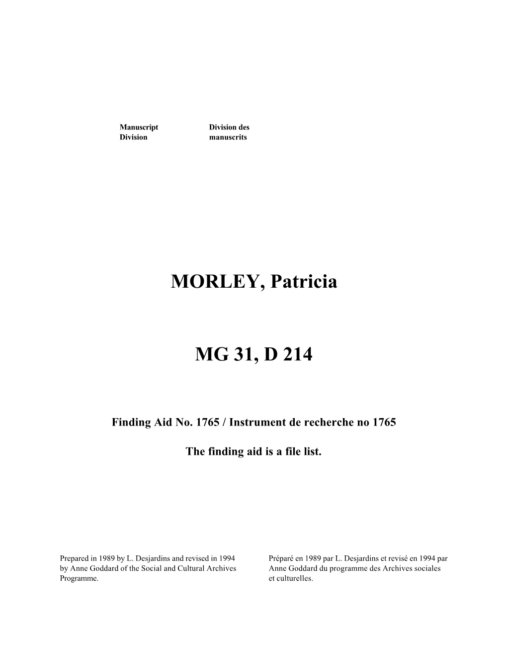 MORLEY, Patricia MG 31, D