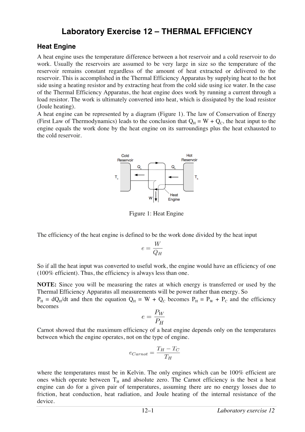 Laboratory Exercise 12 – THERMAL EFFICIENCY