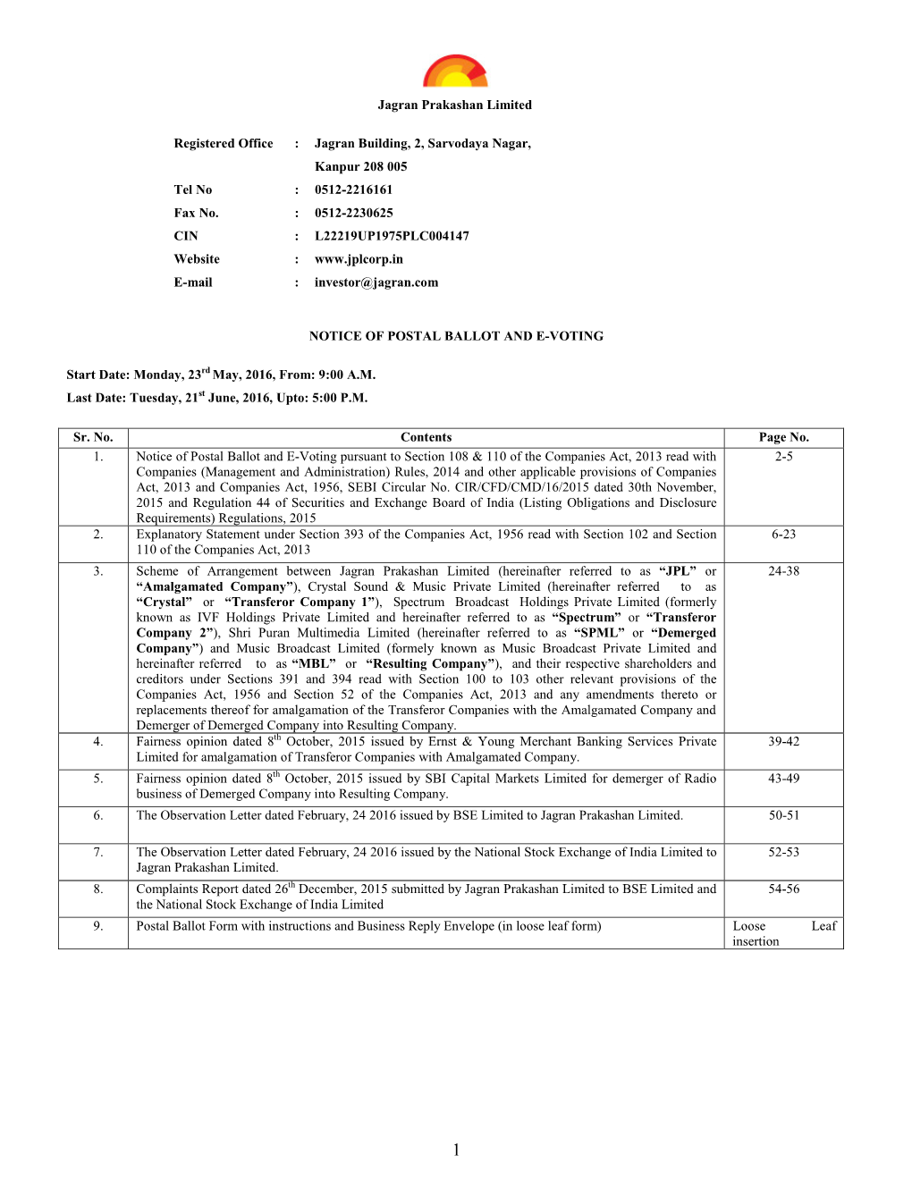 Jagran Prakashan Limited Registered Office : Jagran Building, 2