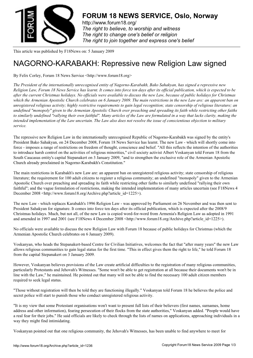 NAGORNO-KARABAKH: Repressive New Religion Law Signed