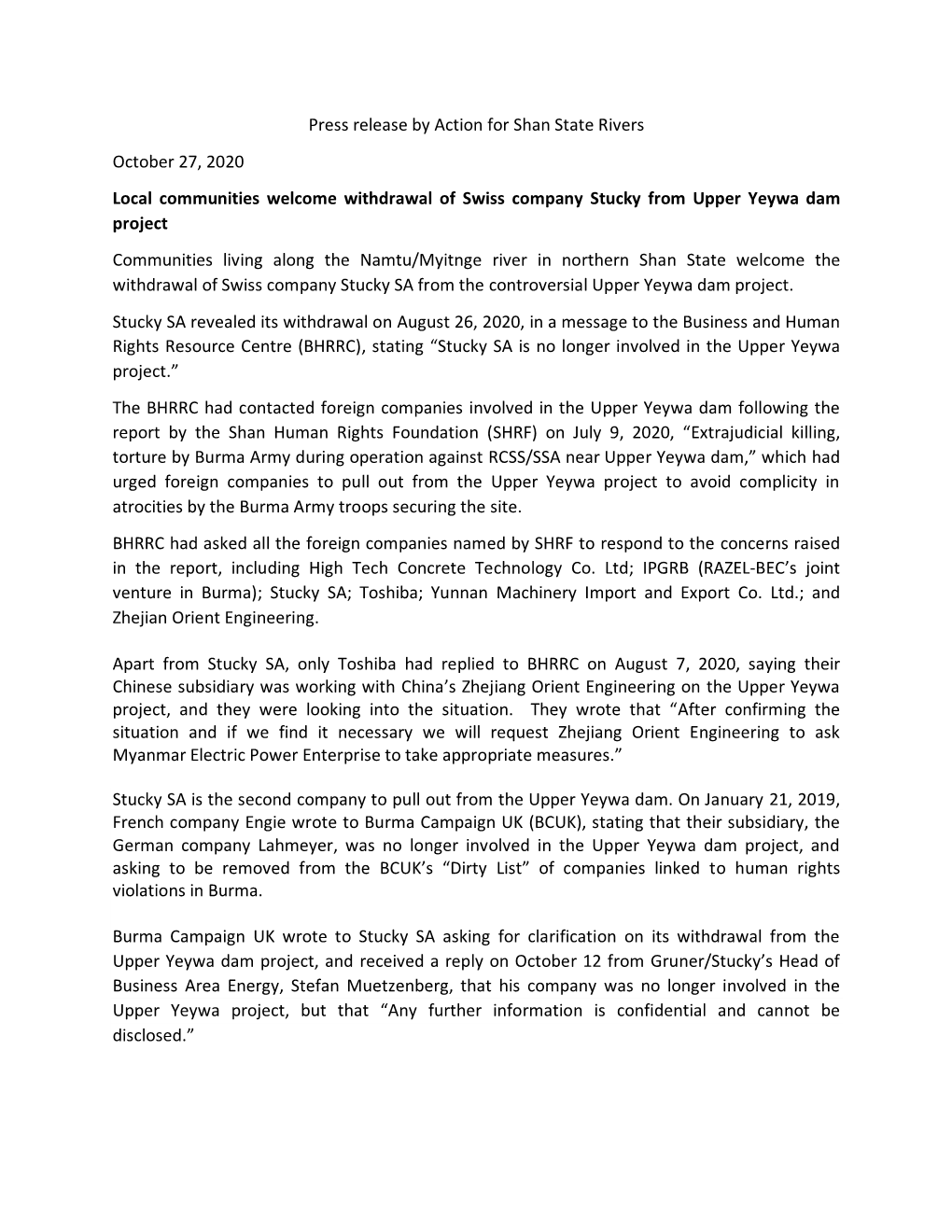 Press Release by Action for Shan State Rivers October 27, 2020 Local
