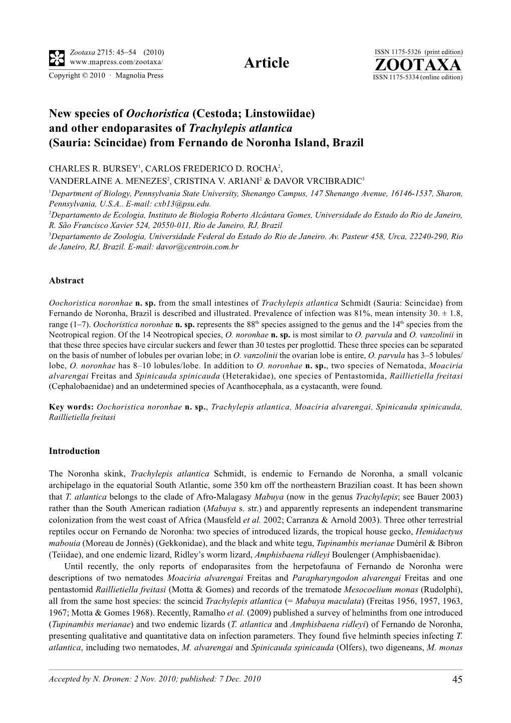 New Species of Oochoristica (Cestoda; Linstowiidae) and Other Endoparasites of Trachylepis Atlantica (Sauria: Scincidae) from Fernando De Noronha Island, Brazil