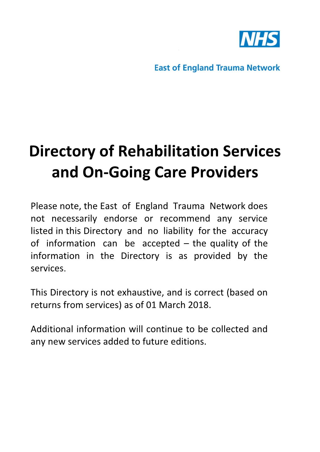 Directory of Rehabilitation Services and On-Going Care Providers