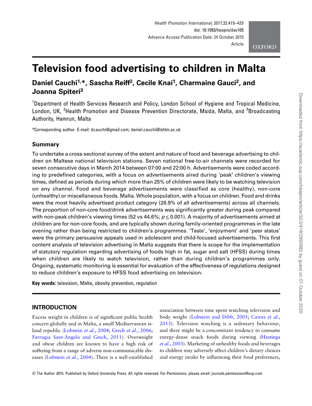 Television Food Advertising to Children in Malta